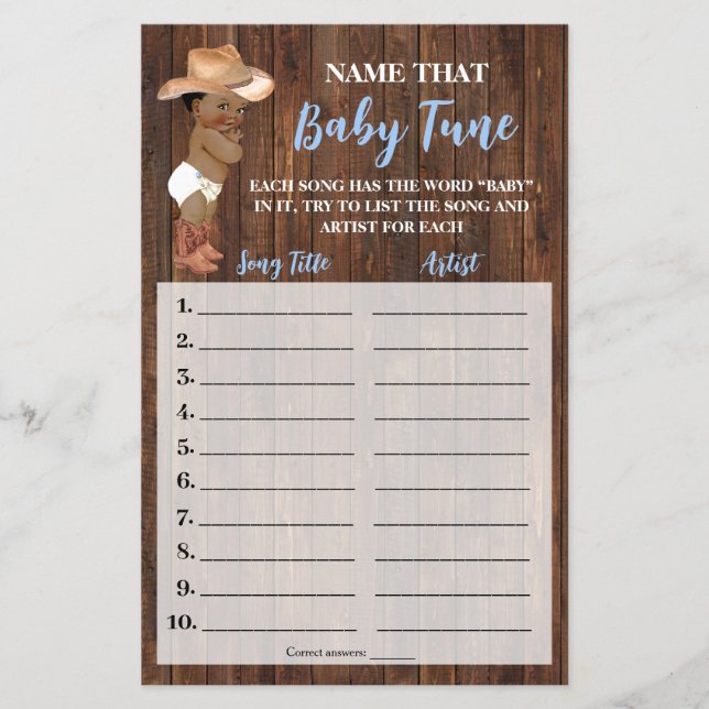 Name the Baby Tune AA Cowboy Shower Game Card (Front)