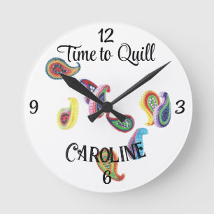 Name, Time to Quill, Colourful Paisley 8-in Round Clock