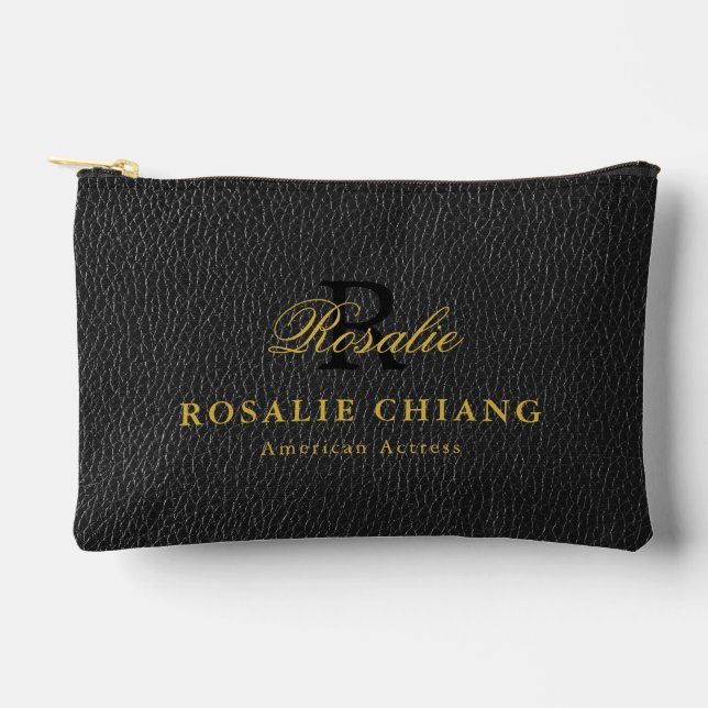Name & Title with Monogram - Leather Texture Bg Accessory Pouch (Front)