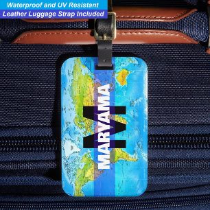 Name Traveller with World Map Monogram Initial Luggage Tag