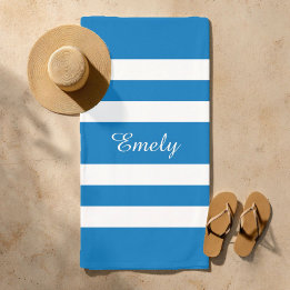 Name Trendy French Blue And White Stripes Pattern Beach Towel