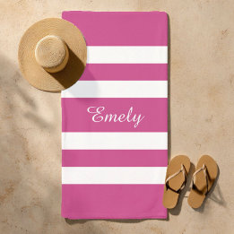 Name Trendy Pink And White Stripes Pattern Beach Towel