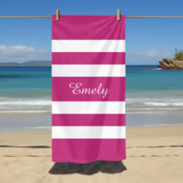Name Trendy Pink And White Stripes Pattern Beach Towel