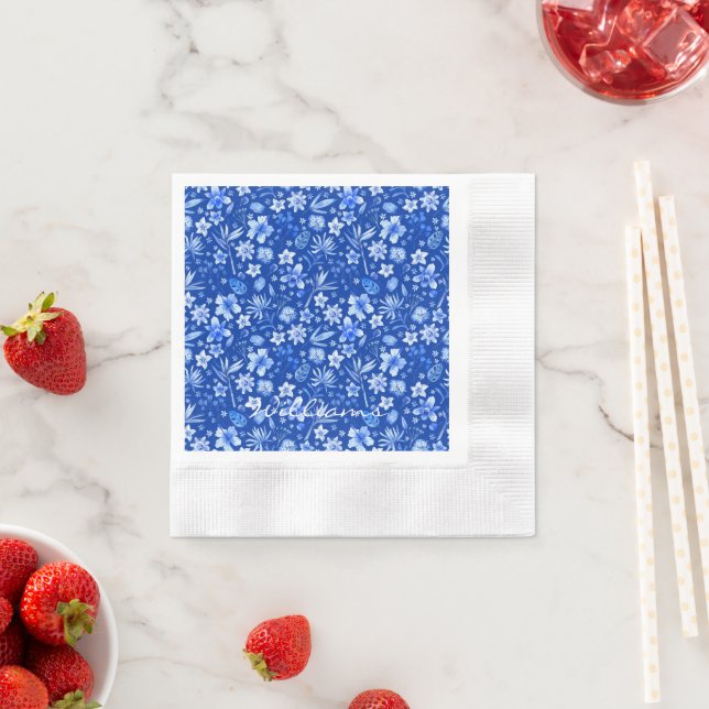Name Tropical Flowers Cobalt Blue Coined Cocktail Napkin (Insitu)