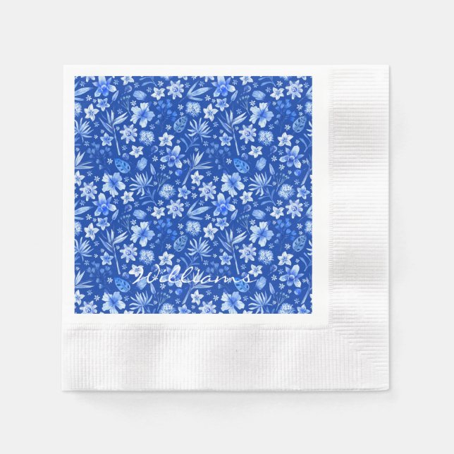 Name Tropical Flowers Cobalt Blue Coined Cocktail Napkin (Front)