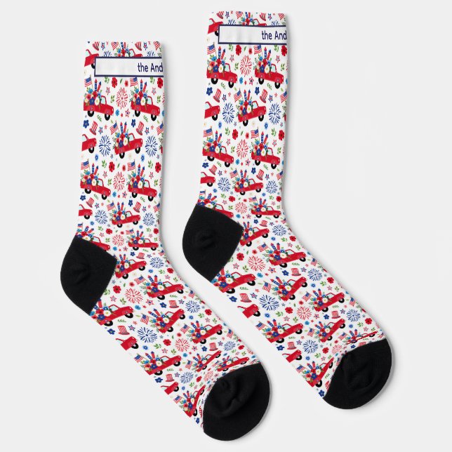 Name, Trucks Red White & Blue Patriotic Motifs Socks (Right)