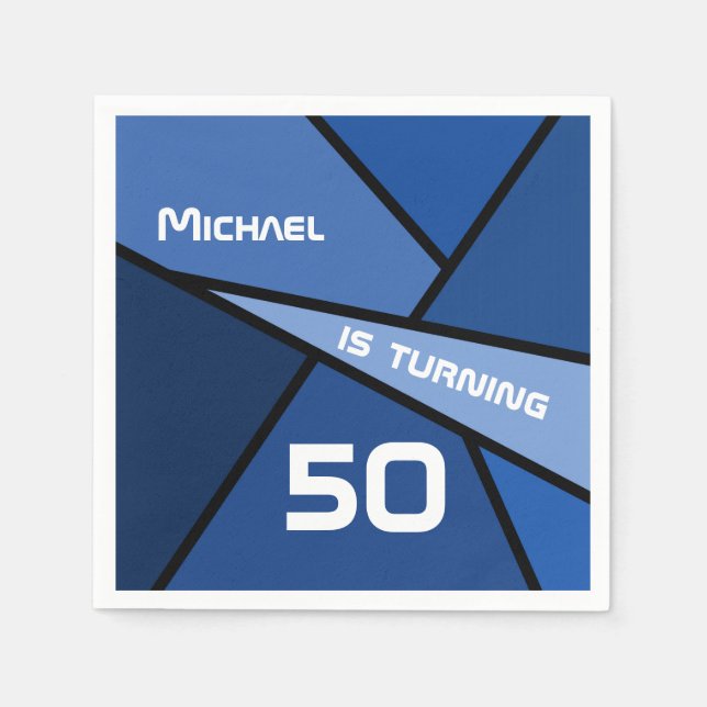 NAME Turning 50 Birthday Abstract Blue Geometric Napkin (Front)