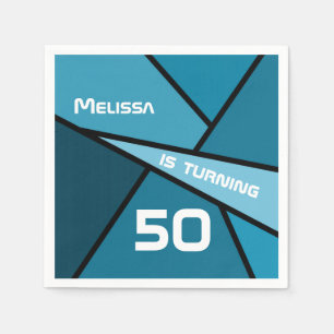 NAME Turning 50 Birthday Abstract Teal Geometric Napkin