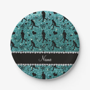 Name turquoise glitter field hockey hearts bows paper plate