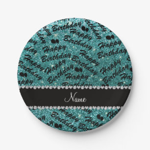 Name turquoise glitter happy birthday balloons paper plate