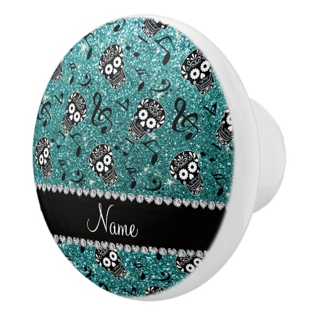 Name turquoise glitter music notes sugar skulls ceramic knob (Right)