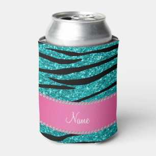 Name turquoise glitter zebra stripes pink stripe can cooler