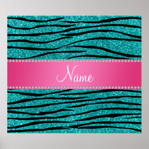 Name turquoise glitter zebra stripes pink stripe poster