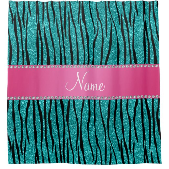Name turquoise glitter zebra stripes pink stripe shower curtain (Front)
