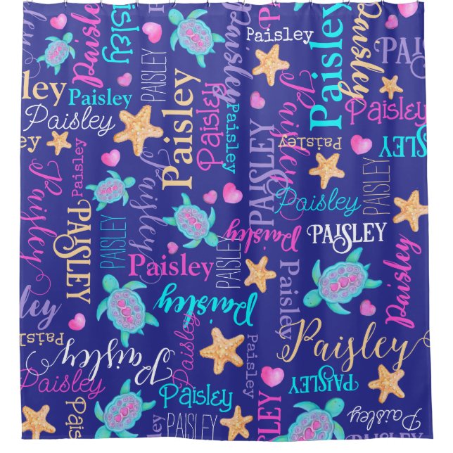 Name turtle seastar pattern pink blue aqua coral  shower curtain (Front)