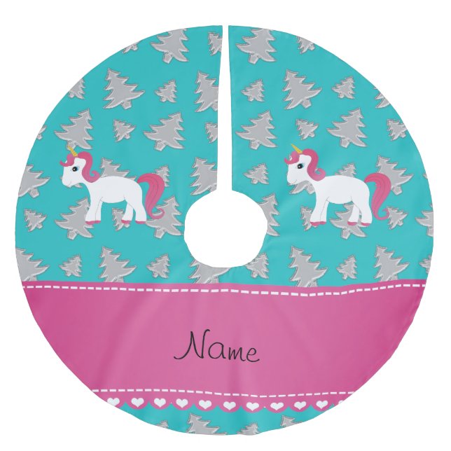 Name unicorn turquoise silver christmas trees brushed polyester tree skirt (Front)