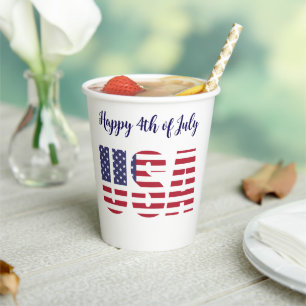 Name, USA Flag Stencil Happy 4th 8oz or 12oz Party Paper Cups