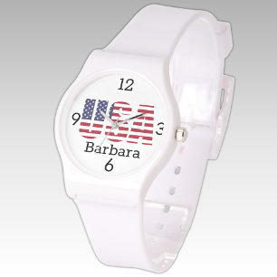 Name, USA Stars & Stripes White Silicone Strap Watch