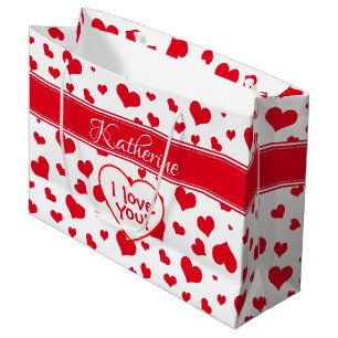 'Name' Valentine's Day Red Random Hearts Pattern Large Gift Bag