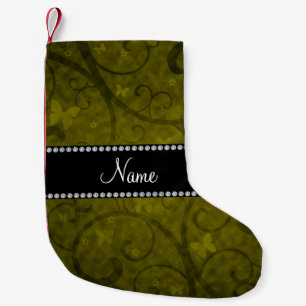 Name vintage mustard yellow swirls and butterflies small christmas stocking