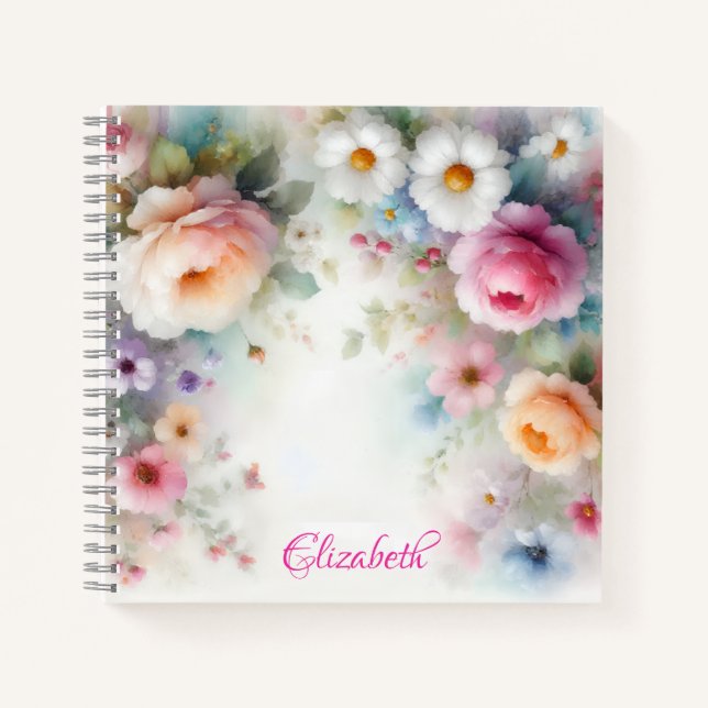Name Watercolor Aquarell Flowers Template Colourfu Notebook (Front)