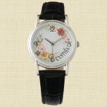 Name, Watercolor Dutch Florals Black Leather Watch<br><div class="desc">A classic ladies watch with elegant watercolor still life art printed on a platinum colour background with large primary numbers. Easily change name, replace with initials or remove using the template provided. Designed with croc-embossed black leather strap and silver alloy case. Three-hand analogue Japan Quartz®. See "About this Product", at...</div>