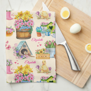 Name Watercolor Floral Pattern on Cream Background Tea Towel