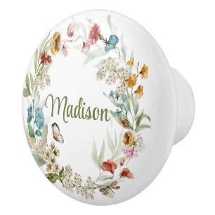 Name Watercolor Floral Wreath Colourful Drawer Kno Ceramic Knob