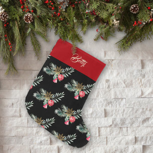 Name Watercolor Foliage Greenery Red Bell Nordic Large Christmas Stocking
