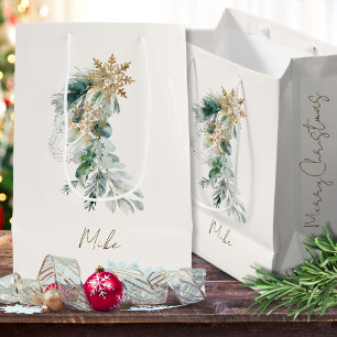 Name Watercolor Modern Foliage Merry Christmas Medium Gift Bag