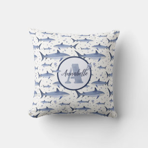 Name + Watercolor Monogram Shark Jellyfish White Cushion