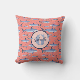 Name + Watercolor Monogram Shark Pattern   Coral Cushion