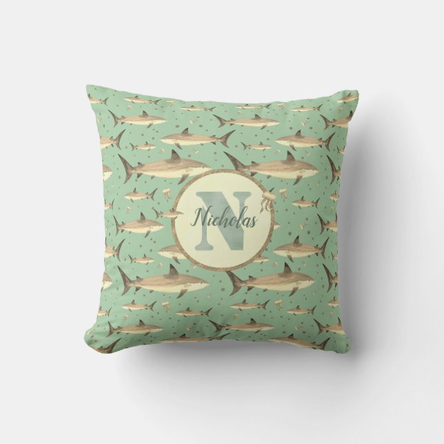 Name + Watercolor Monogram Shark Pattern | Green Cushion (Front)