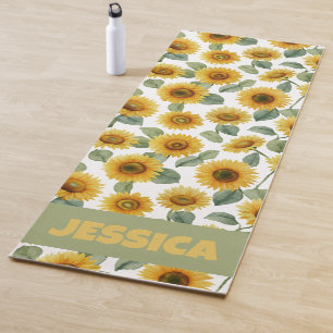 Name Watercolor Sunflower Floral Pattern Custom Yoga Mat