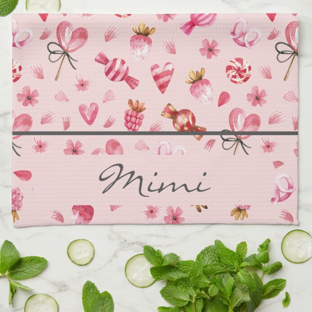 Name, Watercolor Valentine Candy Pattern Tea Towel (Folded)