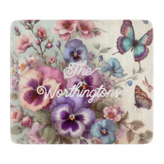 Name Watercolor Vintage Pansies Flowers Pastels Cutting Board