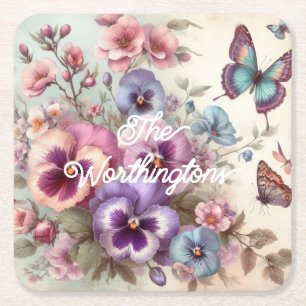 Name Watercolor Vintage Pansies Flowers Pastels Square Paper Coaster