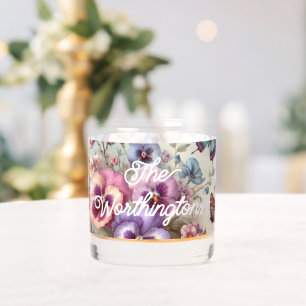 Name Watercolor Vintage Pansies Flowers Pastels Whiskey Glass