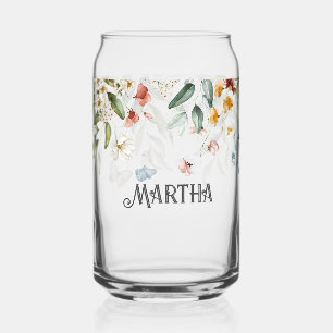 Name, Watercolor Wildflowers Floral Drop Can Glass