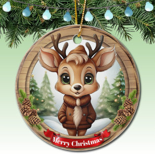 Name Whimsical Reindeer Rustic Holiday Tree 🦌🎄 Ceramic Ornament