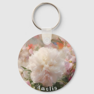 Name White & Pink Peonies Watercolor Painting Key Ring