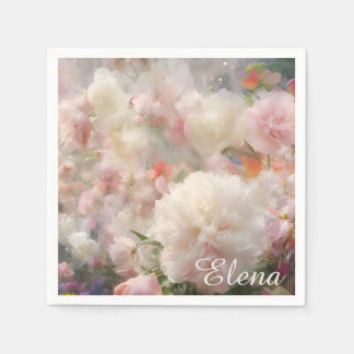 Name White & Pink Peonies Watercolor Painting Napkin
