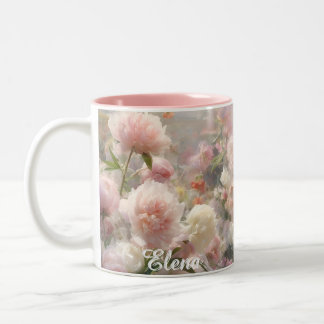 Name White & Pink Peonies Watercolor Painting Two-Tone Coffee Mug