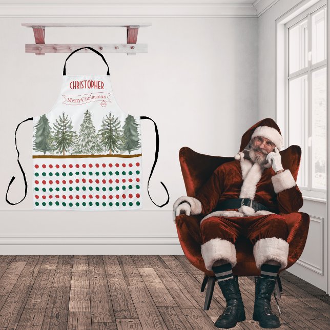 Name White Red Green Botanical Merry Christmas Apron (Creator Uploaded)