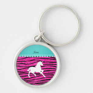 Name white unicorn hot pink glitter zebra stripes key ring