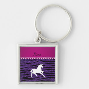 Name white unicorn purple glitter zebra stripes key ring