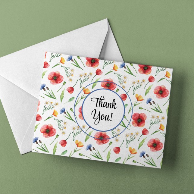 Name, Wildflowers Red Poppies Yellow Buttercups Thank You Card (Creator Uploaded)