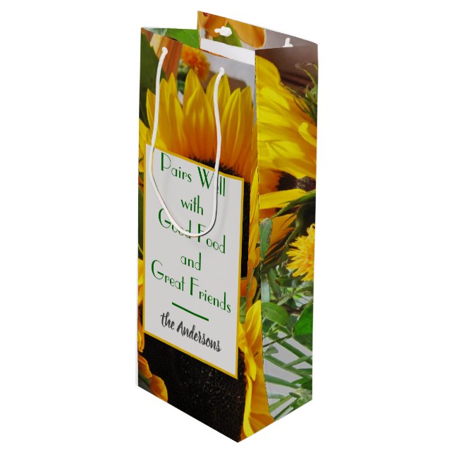 Name & Wine Quote Autumn Sunflowers Wine Gift Bag (Front Angled)
