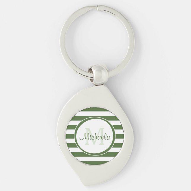 Name With Contemporary Even Green White Stripes Key Ring (Front)