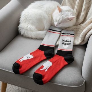 Name with Monogram Striped White Cat Crew Socks